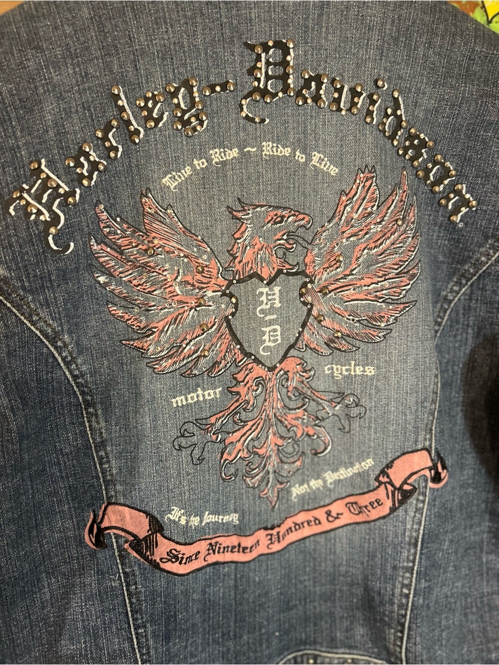 Harley-Davidson Blue Embroidered Eagle Studded Denim Jacket - Picture 7 of 9